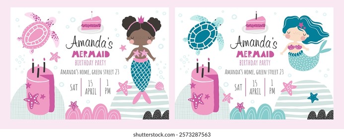 Vector set of children's birthday party invitation templates. Mermaid party. Kids party in sea style. Cute girl mermaid, shells, pink cake. Baby shower. Baby Girl. Happy Birthday card. Newborn party.