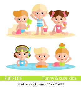 Vector set of children's characters in a flat style. Children at rest by the sea. Summer vacation. Children on the beach. Children's beach