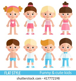 Vector set of children's characters in a flat style. Boys and girls in different clothes. Children in stylish clothes. Set boys and girls