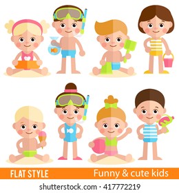 Vector set of children's characters in a flat style. Children at rest by the sea. Summer vacation. Children on the beach. Children's beach