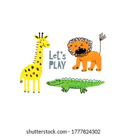 Vector set of children's drawings african exotic animals and slogans set. hand drawn doodle style. Baby design for birthday invitation or baby shower, poster, clothing, nursery wall art and postcard