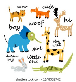 Vector set of children's drawings animals. Doodle style. Ideal for childs decoration. Slogan set