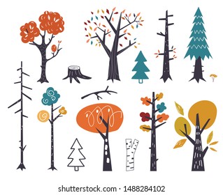 Vector set of children's drawings - cute forest and plants. Doodle style. Colorful autumn trees. Woodland flora in Scandinavian decorative style. Woody park plant isolated on white collection.