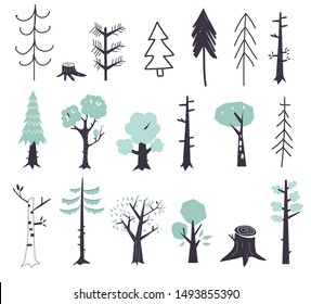 Vector set of children's drawings - cute forest and plants. Doodle style. Ideal for childs decoration. Flat green trees vector illustration set. 