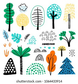 Vector set of children's drawings - exotic trees and other plants. Doodle style. Ideal for childs decoration. Forest set.