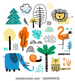 Vector set of children's drawings - exotic animals and plants. Doodle style. Ideal for childs decoration. African set