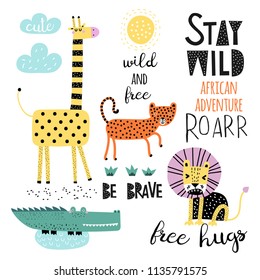 Vector set of children's drawings - exotic animals. Doodle style. Ideal for childs decoration. African set. Slogan set