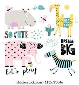 Vector set of children's drawings - exotic animals. Doodle style. Ideal for childs decoration. African set. Slogan set