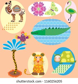 Vector set of children's drawings - exotic animals and plants. Doodle style. Ideal for childs decoration
