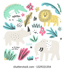 Vector set of children's drawings - exotic animals and plants. Doodle style. Ideal for childs decoration. African set