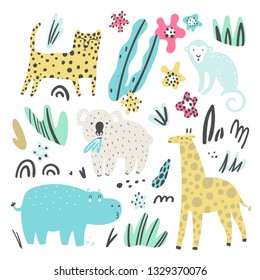 Vector set of children's drawings - exotic animals and plants. Doodle style. Ideal for childs decoration. African set