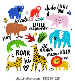 Vector set of children's drawings - exotic animals, plants and lettering. Doodle style. Ideal for childs decoration. African set