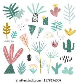 Vector set of children's drawings - exotic trees and other plants. Doodle style. Ideal for childs decoration. Forest set.