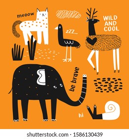 Vector set of children's drawings - exotic animals. Doodle style. 