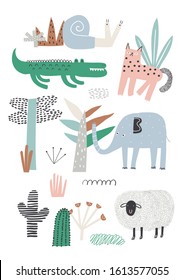 Vector set of children's drawings - exotic animals, plants. Doodle style.