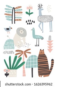 Vector set of children's drawings - exotic animals, plants. Doodle style.