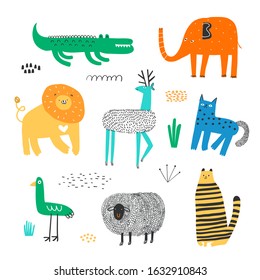 Vector set of children's drawings - exotic animals. Doodle style.