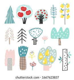 Vector set of children's drawings, exotic trees and fruit trees. Doodle style. Ideal for childerns decoration. Forest set.