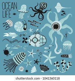 Vector set of children's drawings - ocean life, underwater monsters. Submarine trip. Doodle style.