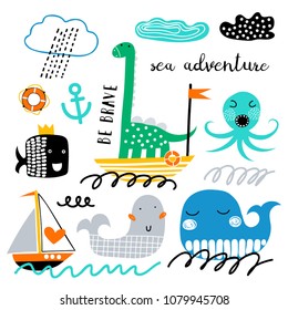 Vector set of children's drawings - sea life, underwater monsters, dino, clouds and ship. Sea trip. Doodle style.