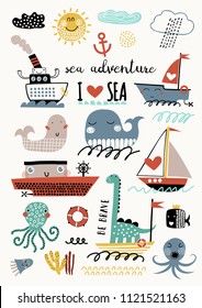 Vector set of children's drawings - sea life, underwater monsters, dino, clouds and ship. Sea trip. Doodle style.