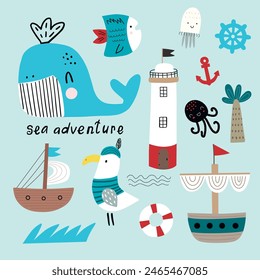 Vector set of children's drawings - sea life, underwater monsters, dino, clouds and ship. Sea trip. Doodle style.