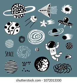 Vector set of children's drawings - space, planets, spaceships. Doodle style.