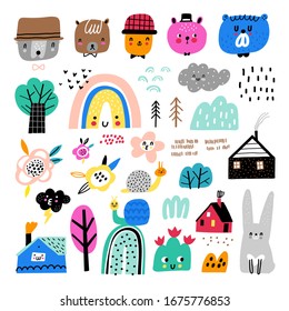 Vector set of children's drawings - trees, hills, bears, rainbows and other elements. Doodle style. Ideal for baby decoration. Nature collection.