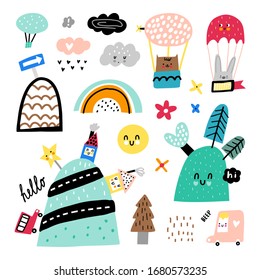 Vector set of children's drawings - trees, hills, clouds, rainbow, cars and other elements. Doodle style. Ideal for baby decoration. Travel collection.