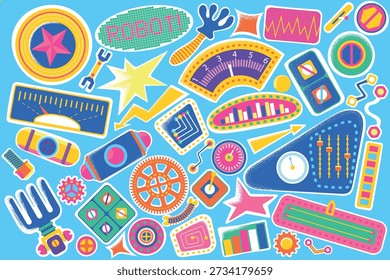 Vector set of children's fun cute game icons and badges on science, machinery, robotics, electricity and engineering. Colored doodle screws, bolts, wires, instruments, wheels, hinges, and gauges. For use in creating games, posters, books, and more.