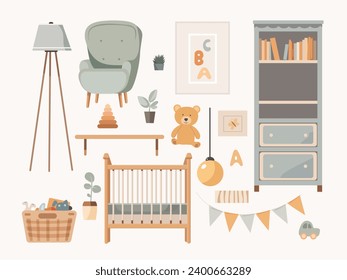 Vector set of children's furniture. Nursery boho style interior. Children's room furniture. Flat vector illustration. Design for newborn. Bedroom for a baby with cot, toys, dresser, armchair, shelf.