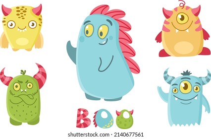 Vector set for children's illustration. Cute toothy monsters, Boo's lettering. Little dinosaurs.