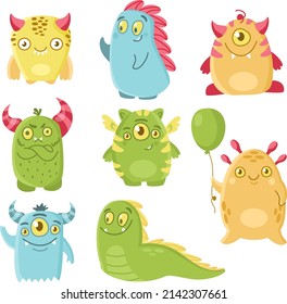 Vector set for children's illustration. Cute toothy monsters. Little dinosaurs.