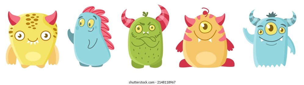 Vector set for children's illustration. Cute toothy monsters. Little dinosaurs.