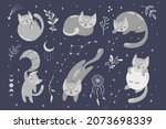 Vector set for childrens illustration. Sleeping cute cats, moon, stars, dream catcher, twigs, berries. Cute animals for printing on baby clothes.