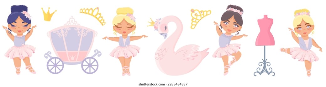 Vector set of children's illustrations. Beautiful delicate princess ballerinas, queen swan, carriage, mannequin, crowns. Children's set on white background 