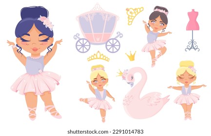 Vector set of children's illustrations. Beautiful delicate princess ballerinas, queen swan, carriage, mannequin, crowns. Children's set on white background 