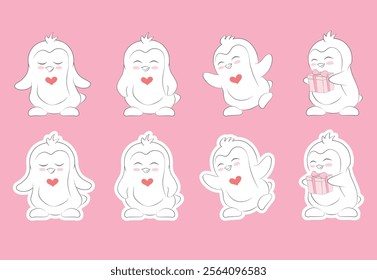 Vector set of children's penguin characters. Dreamy, funny, happy, giving a gift. Penguin birds are drawn from lines, filled with white clearly along the contour and outside the contour like stickers