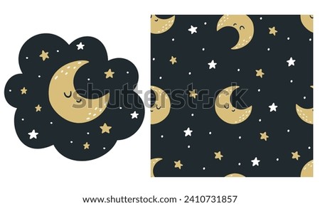 Vector set for children's products. Seamless pattern on dark background with moon and stars. Printable print, smiling moon and stars 
