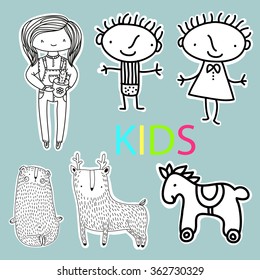 vector set of children's stickers with animals deer, horse, bear. Boy and girl with toys.