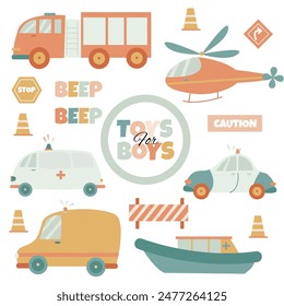 vector set of children's toys for boy on the theme of rescue vehicles on a white background