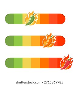 Conjunto vetorial de níveis de pimenta pimenta com barras de escala de calor de suave a extra quente para menus de restaurante, embalagens e rótulos de alimentos. Ícones coloridos do medidor de especiarias com projeto da chama