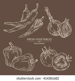 Vector set: chili pepper,  tomato,  pepper, onion. hand drawn.