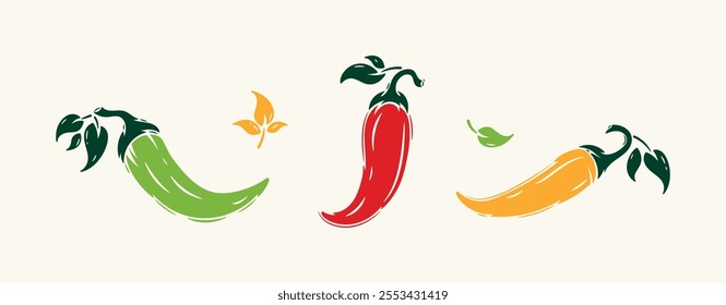 Vector Set of Chili Peppers. Hot Chilli Taste. Spicy Food. Hand drawn illustration.