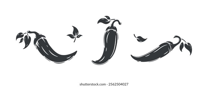 Vector Set of Chili Peppers. Hot Chilli Pepper. Spicy Food. Black and White Hand drawn illustration.