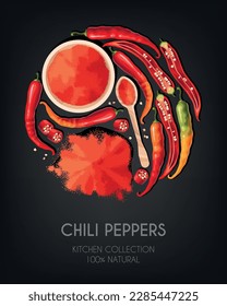 Vector set of chili peppers and powder