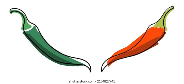 Vector set of chili peppers. Vegetable: spicy red and green chili peppers. Illustration of food hot chilli pepper in flat minimalism style, isolated.