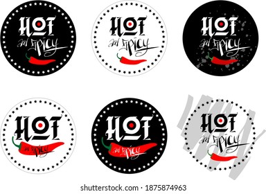 Vector set of chili stamps with lettering composition "Hot and spicy".