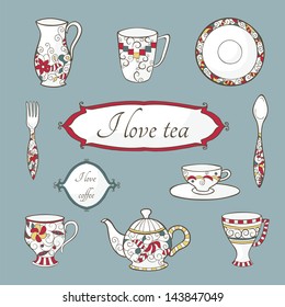 Vector set with china dishware in retro sketch style