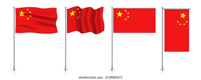 Vector set of China flags on a metallic pole, isolated on a white background.
